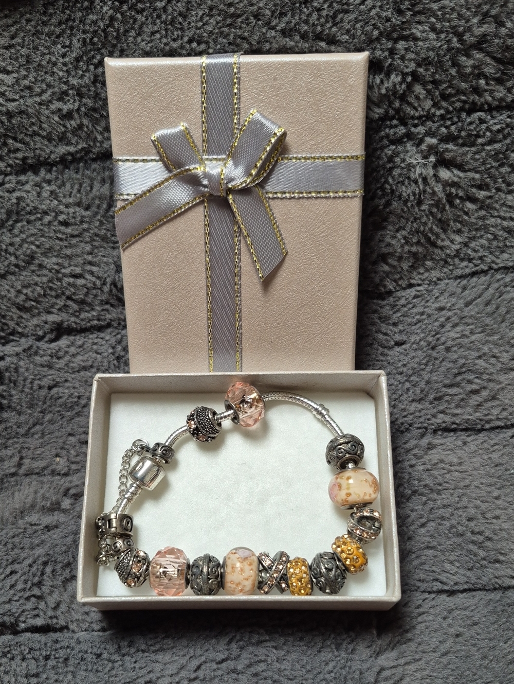 Silver Tone Charm Bracelet with Glass, Metal, And Chrystal Beads, Never Worn